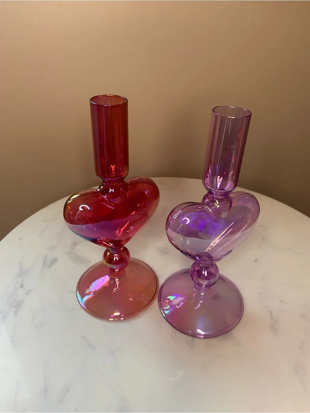 (2) Glass Heart Tapered Candle Holders